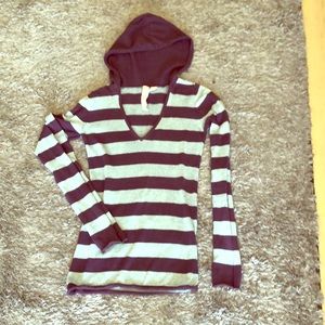 Dark Purple and Metallic Silver Grey V Neck Hoodie